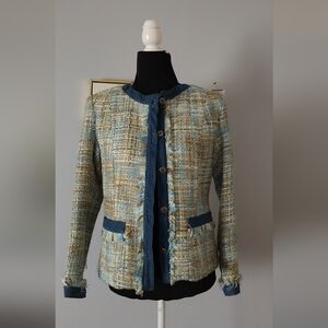 Tweed Jacket Blazer Women Sa Denim Style Classic Green Blue 4P Excellent Conditi